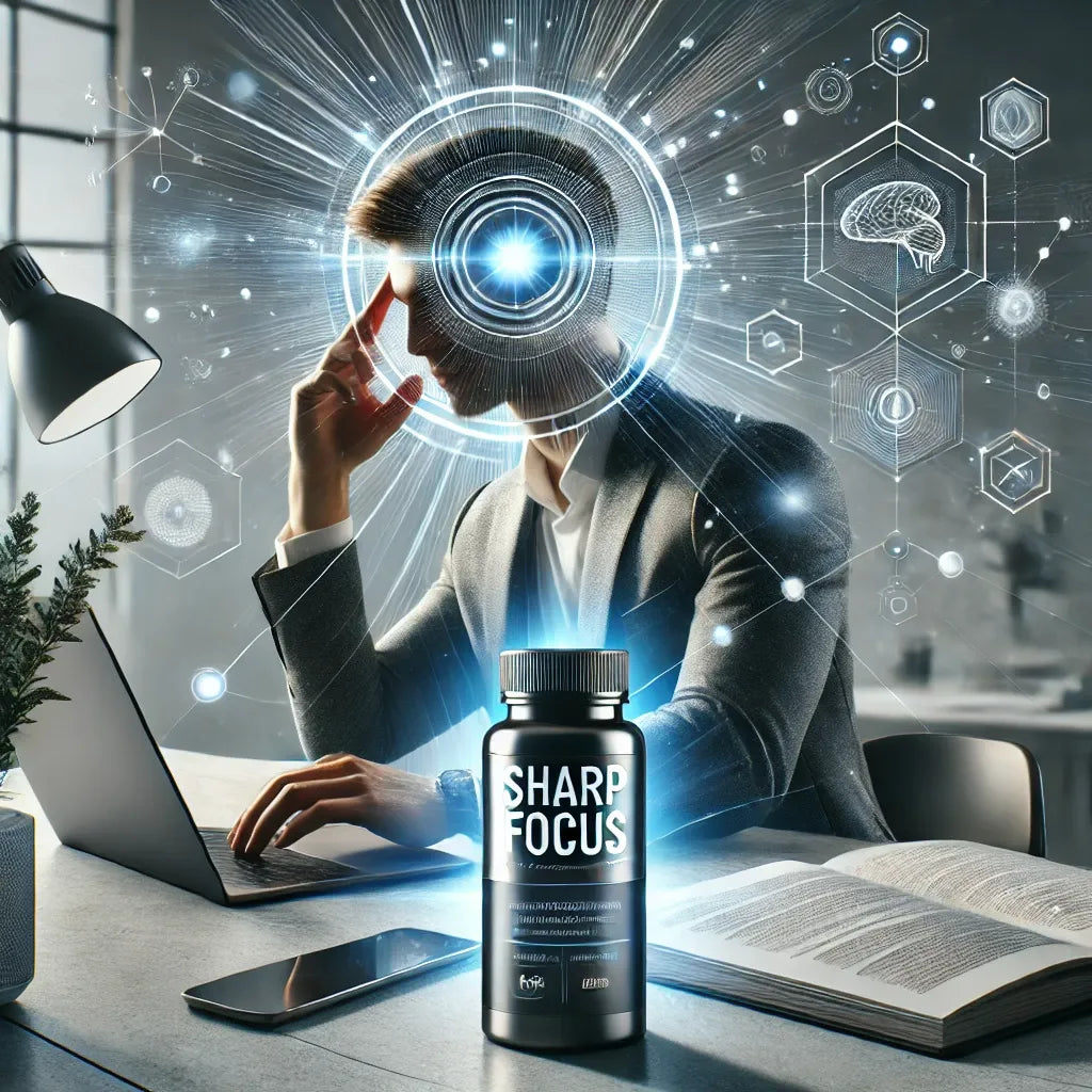 An image of a professional trying to focus with a bottle of Sharp Focus beside