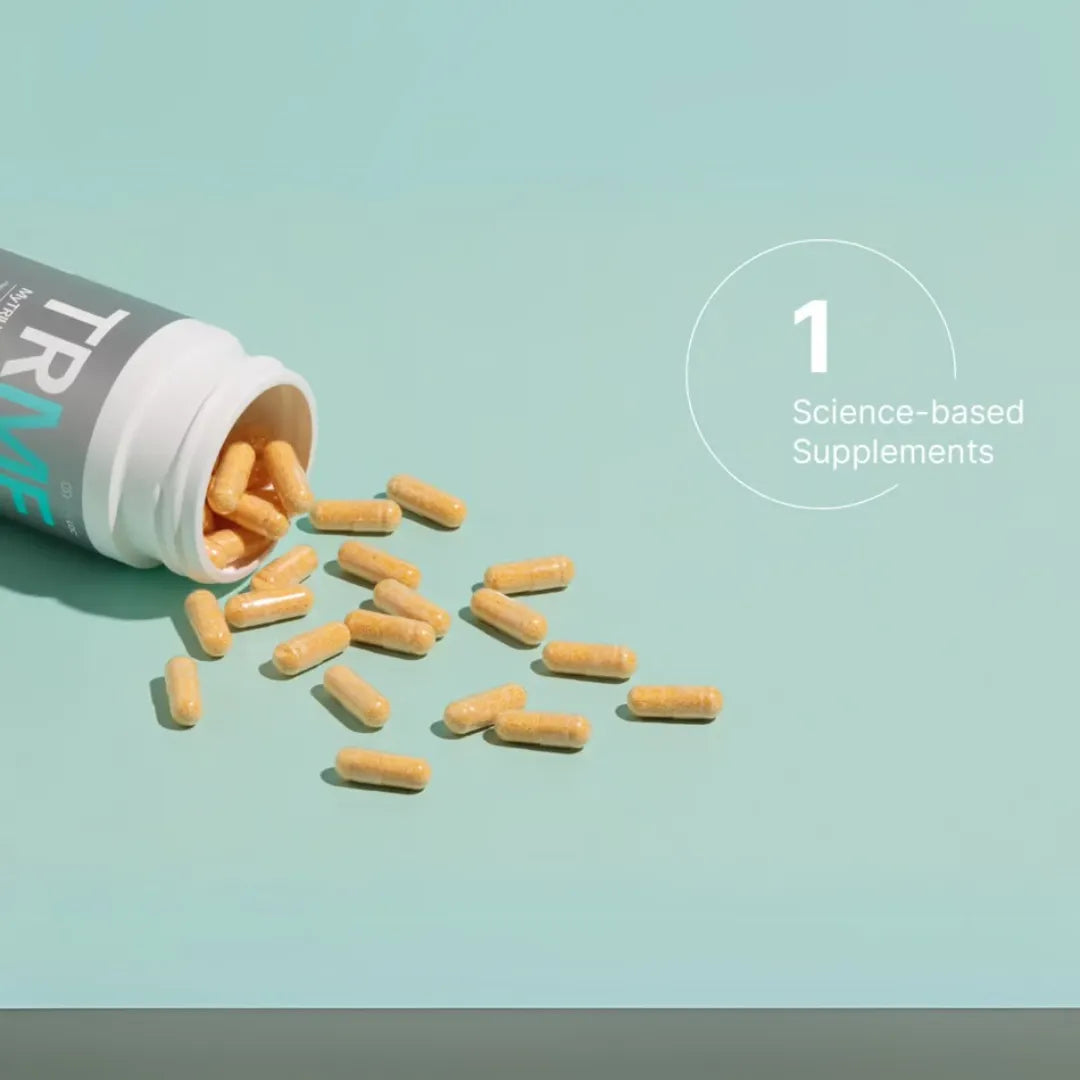 Image of TRME30, a science-based product, featuring its advanced formulation prominently displayed on sleek packaging. The design emphasizes its scientific credibility with clean lines, modern fonts, and a professional aesthetic, set against a neutral background