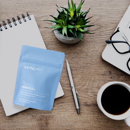 a photo of mindful supplements on a table with a pair of glasses and coffee